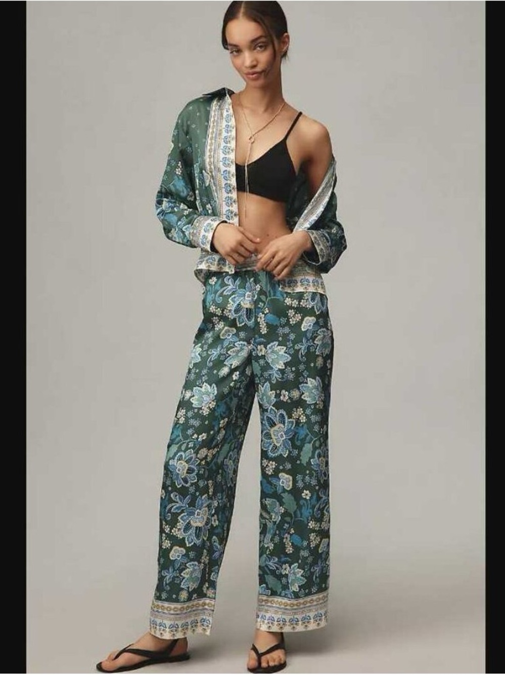 Maeve Green Floral Cropped Pants with Blue and White Accents